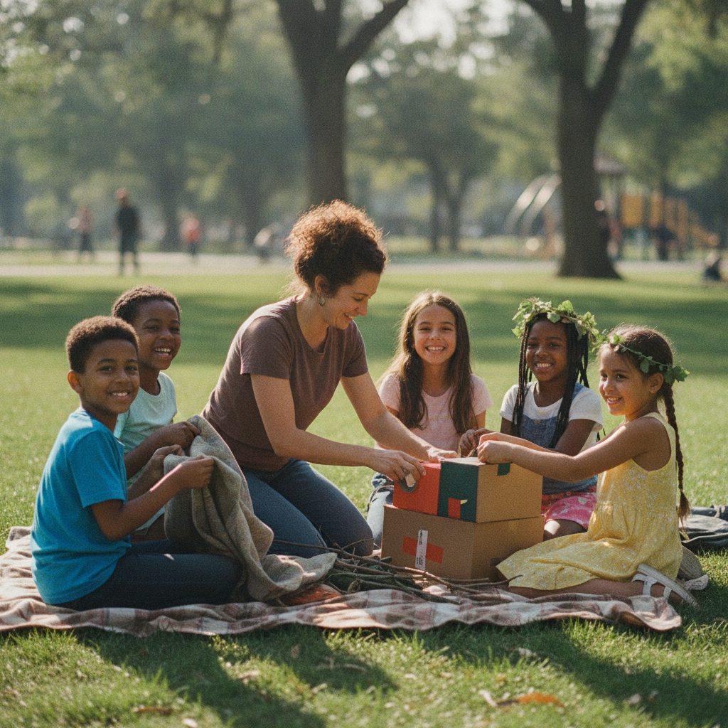 A volunteer mentor with a group of children at an outdoor community youth program